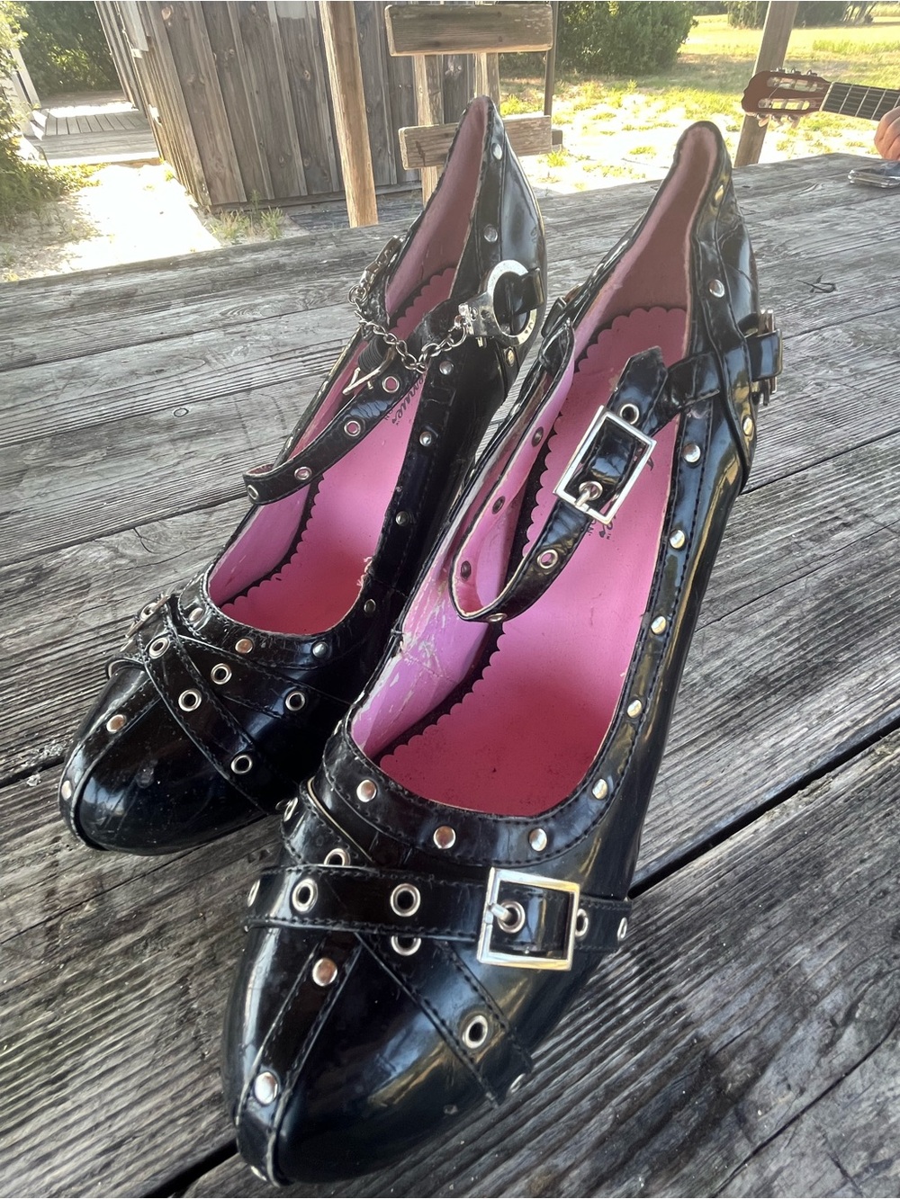 LEG AVENUE Studded Black Patent Mary Jane Heels with Pink Insole Sz10